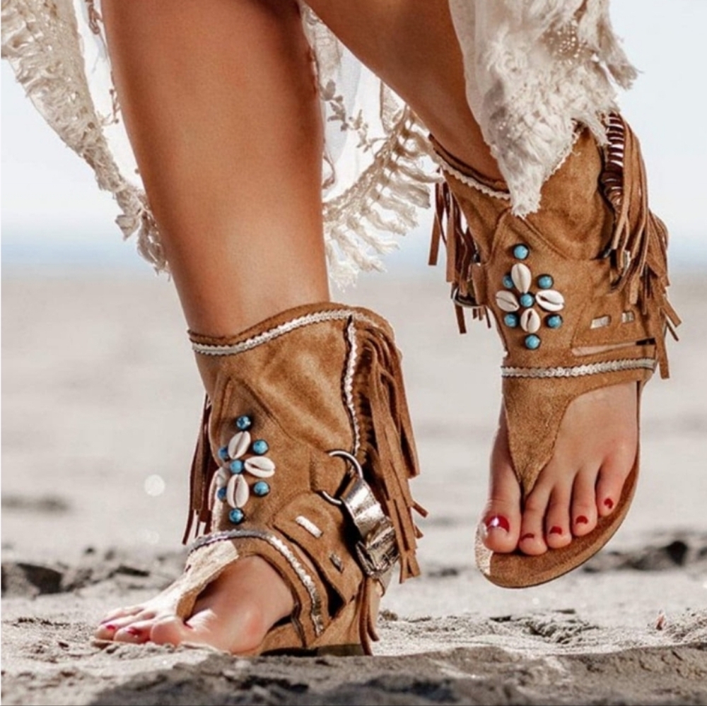 😀  3 For $15 Bohemian Fringe Sandals - Tan